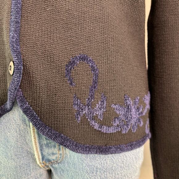 Vintage Wool Black Blue Embroidered Cardigan Sweater Size Small - Picture 5 of 7
